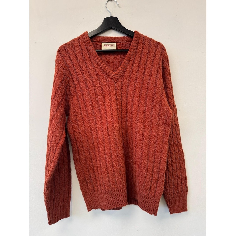 Vintage Lord Jeff Sweater Mens Small‎ Rust Red Cable Knit V-Neck Orlon Made USA